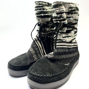 Toms Nepal Boots Womens 8.5 Black & White Suede/Fleece Lined Mid Calf Aztec